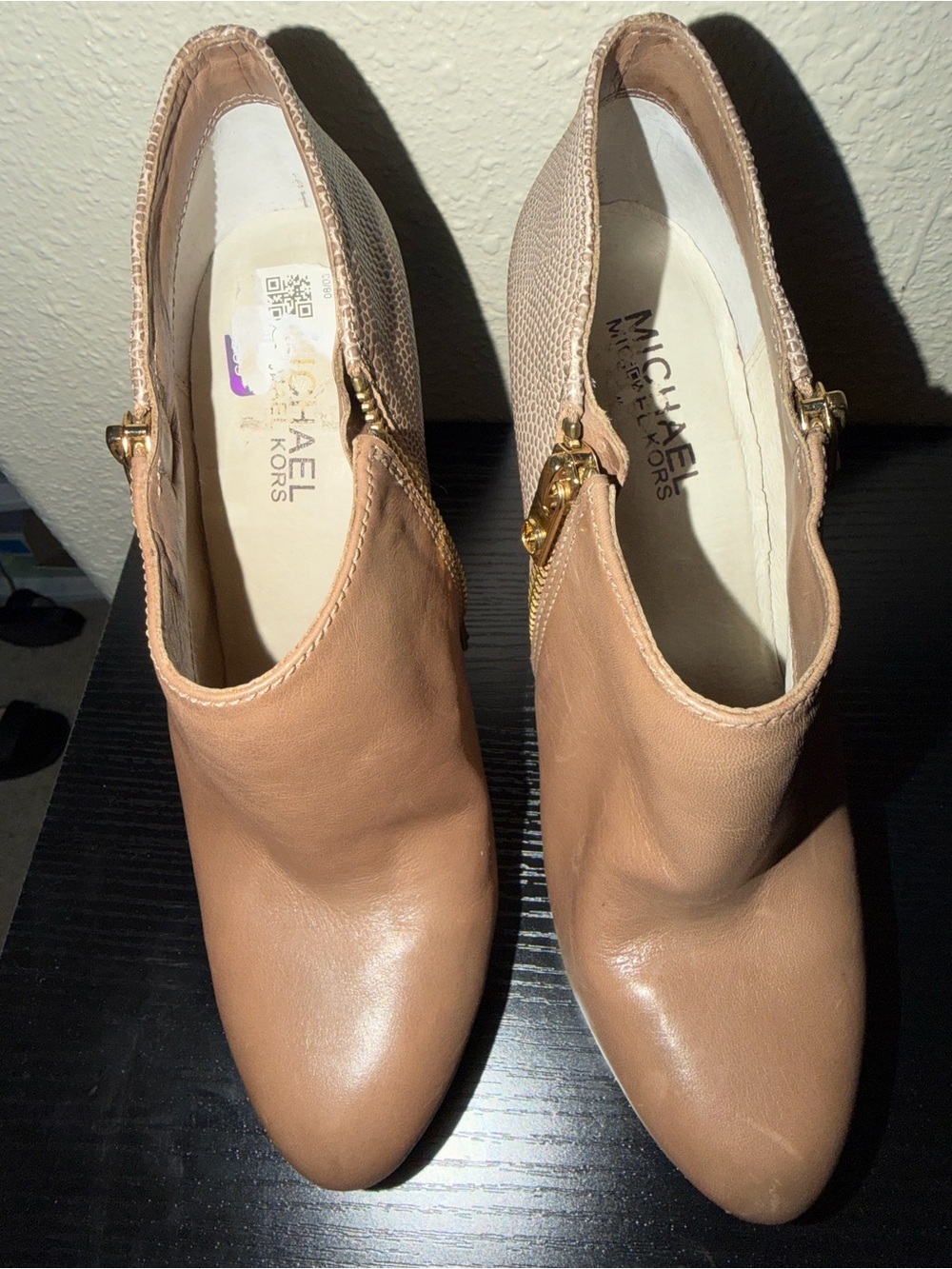 Michael Kors Nude Tan Leather Ankle Booties with Gold Zippers